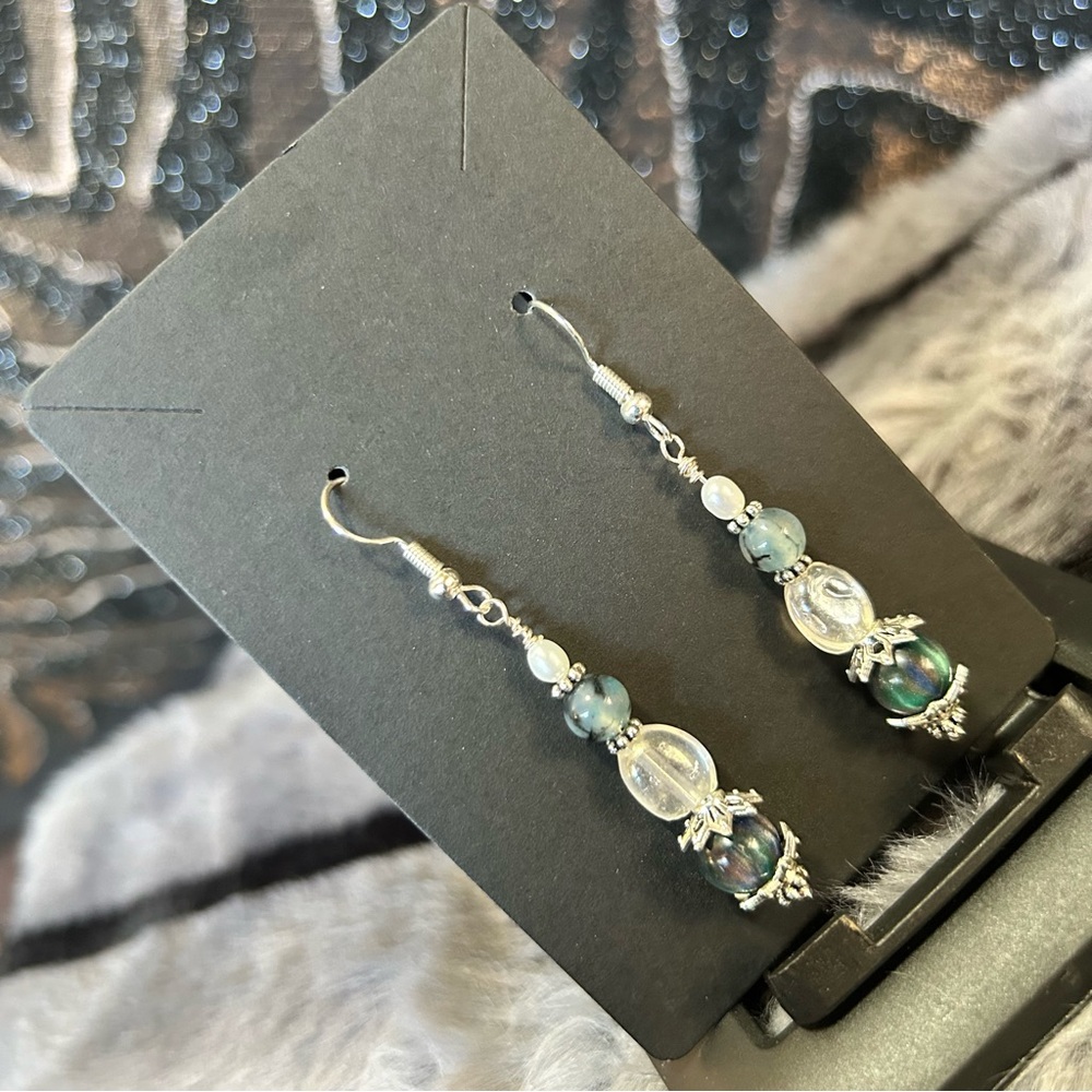 Handcrafted cat eye glass dragon vein agate genuine pearl earrings